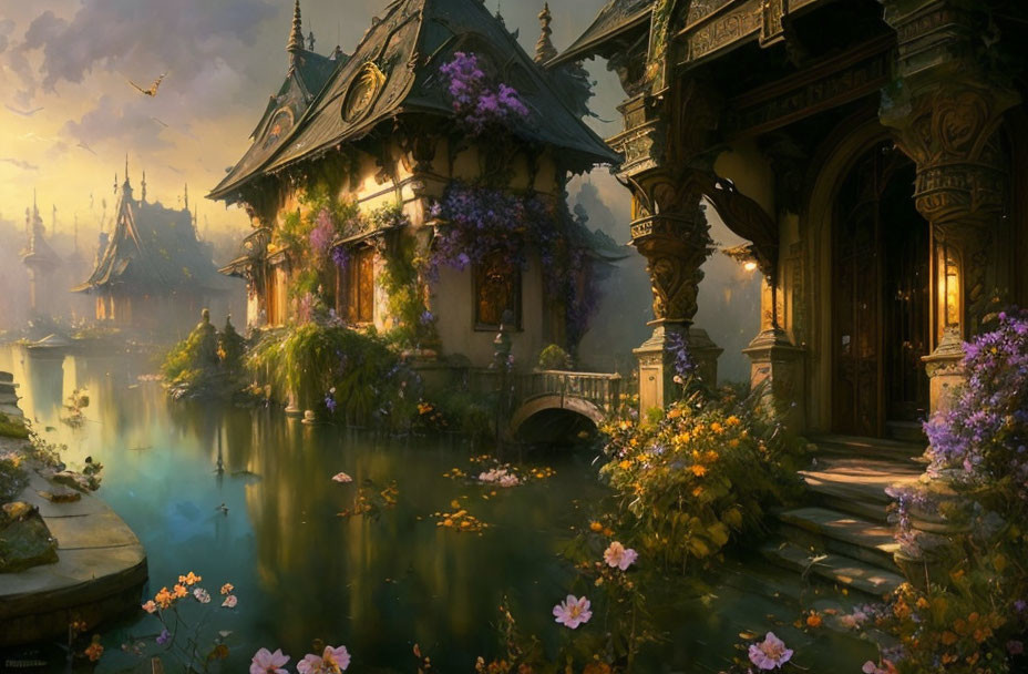 Fantasy scene with overgrown buildings, river, lush foliage, floating petals