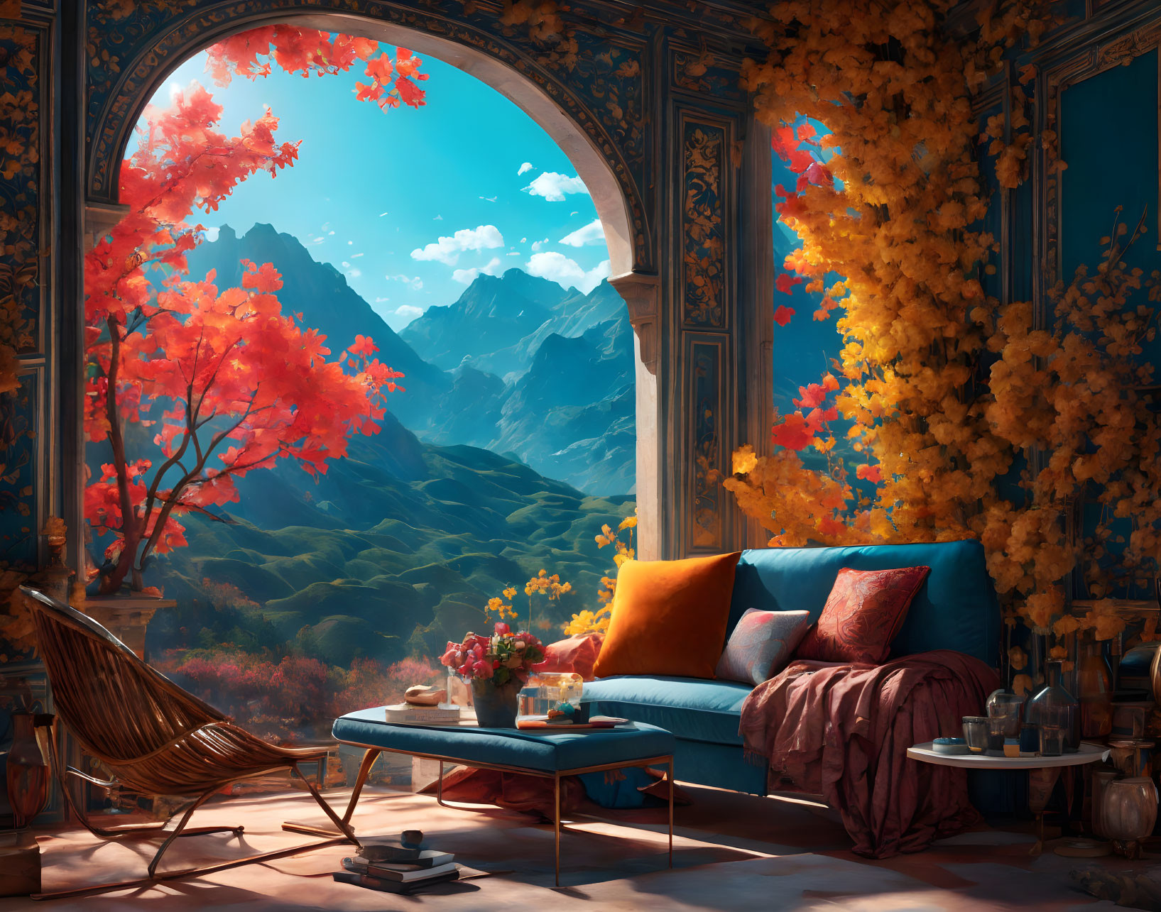 Room with couch and mountain view through arched window surrounded by autumn trees