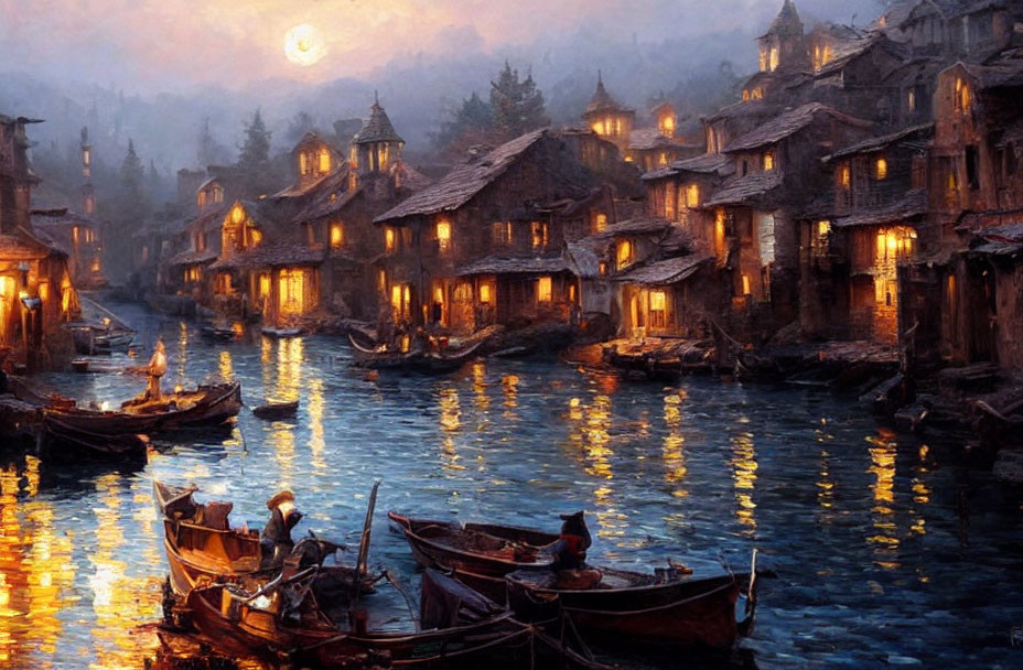 Moonlit riverside village with traditional houses, boats, and glowing lights