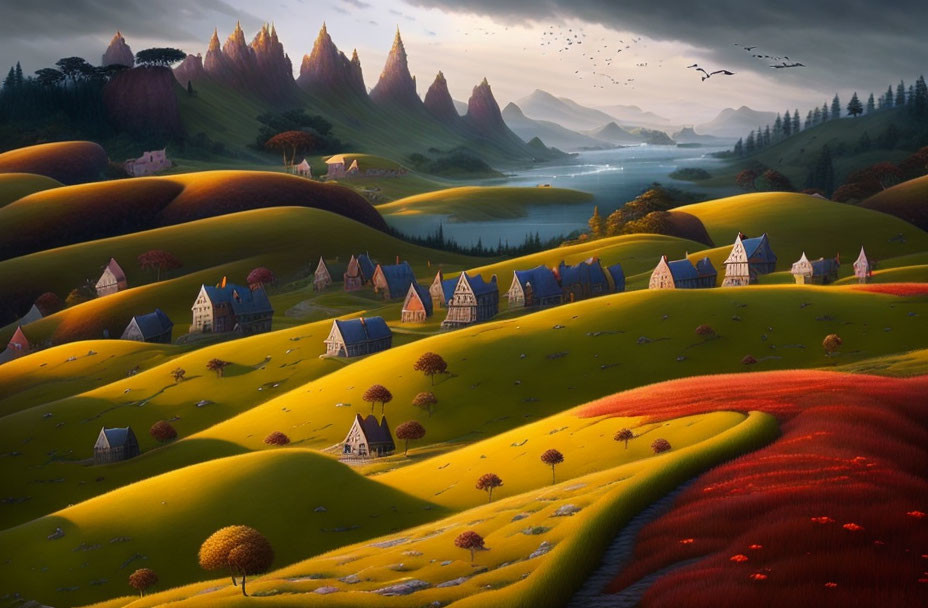 Tranquil fantasy landscape with rolling hills, river, houses, and twilight sky