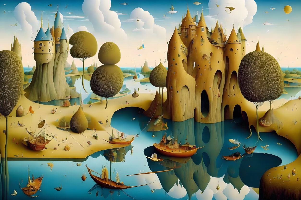 Surreal landscape with castles, trees, boats, reflective water, sky, and flying fish