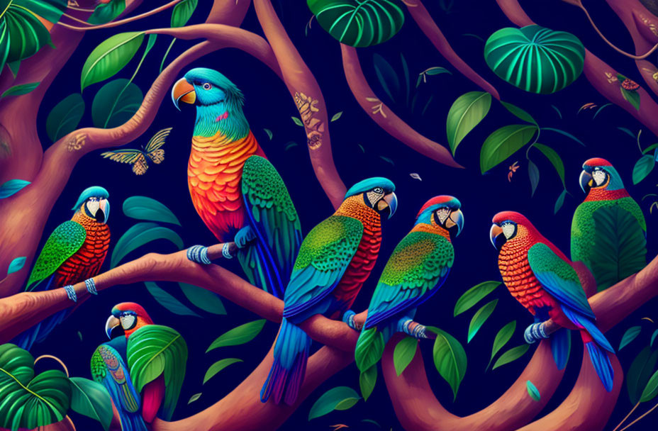 Vibrant Parrots on Branches in Lush Green Setting