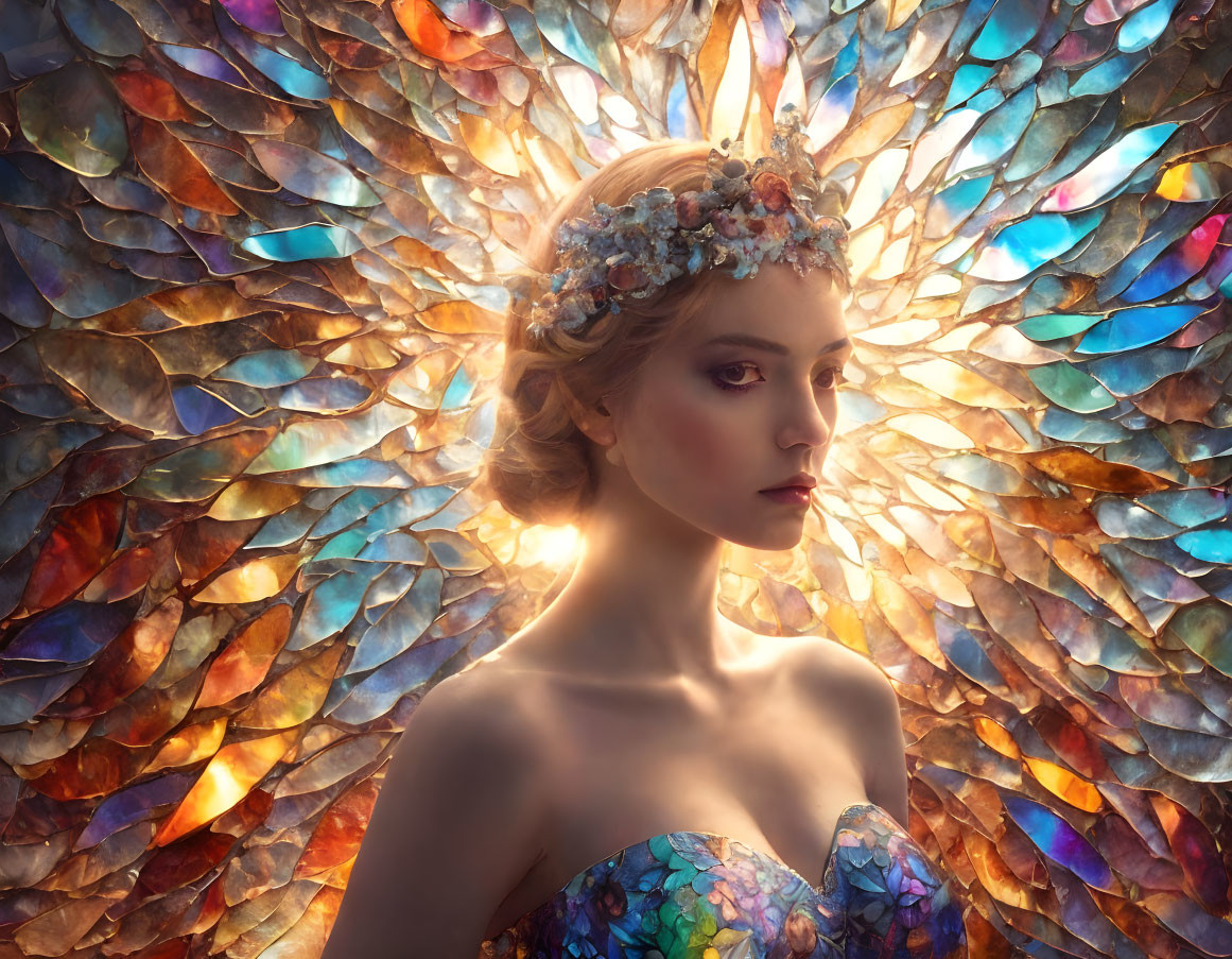 Iridescent dress and ornate headpiece against butterfly wing backdrop