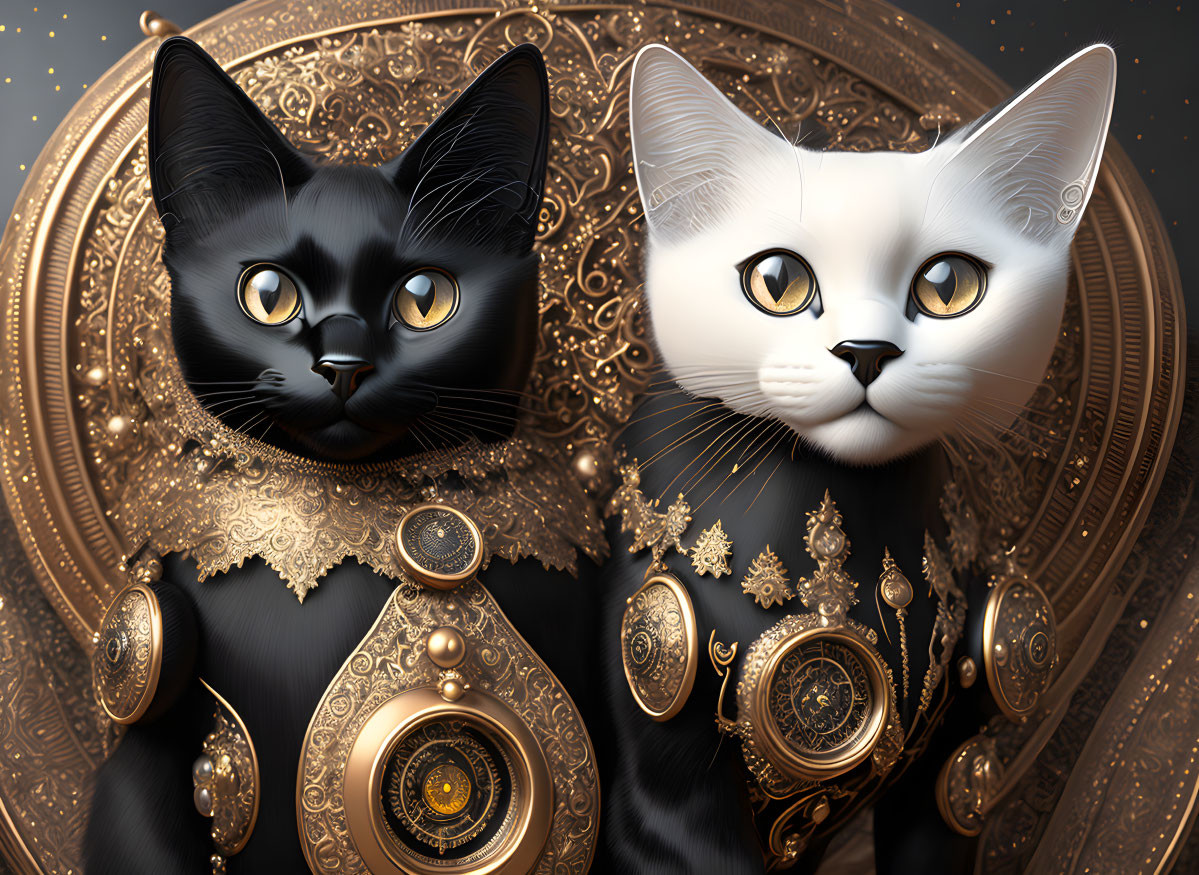 Ornate Black & White Cats with Gold Patterns & Clockwork Elements