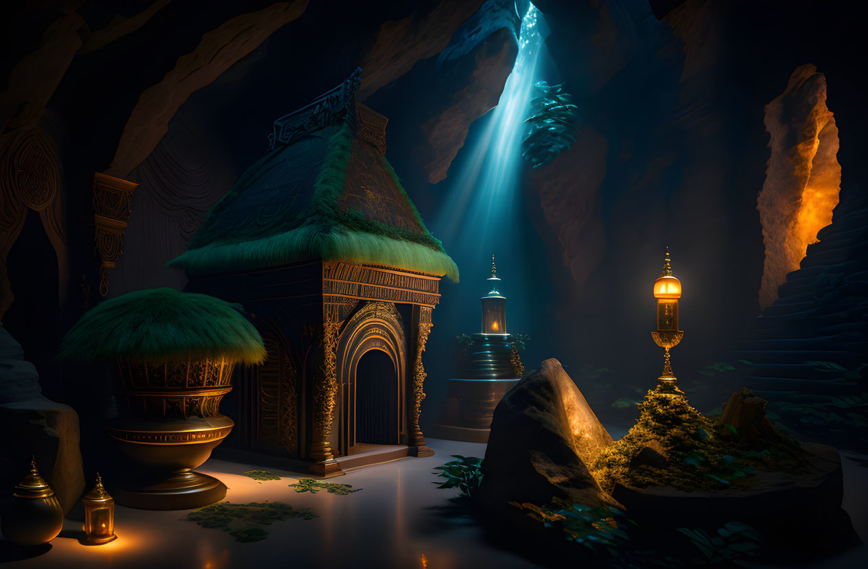 Mystical cave with glowing lantern and light beam