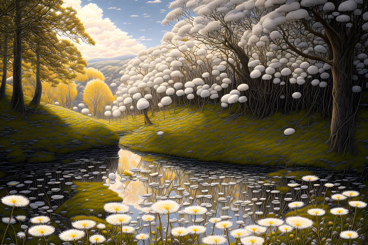 Tranquil landscape with dandelion-like trees, serene river, and blooming white flowers