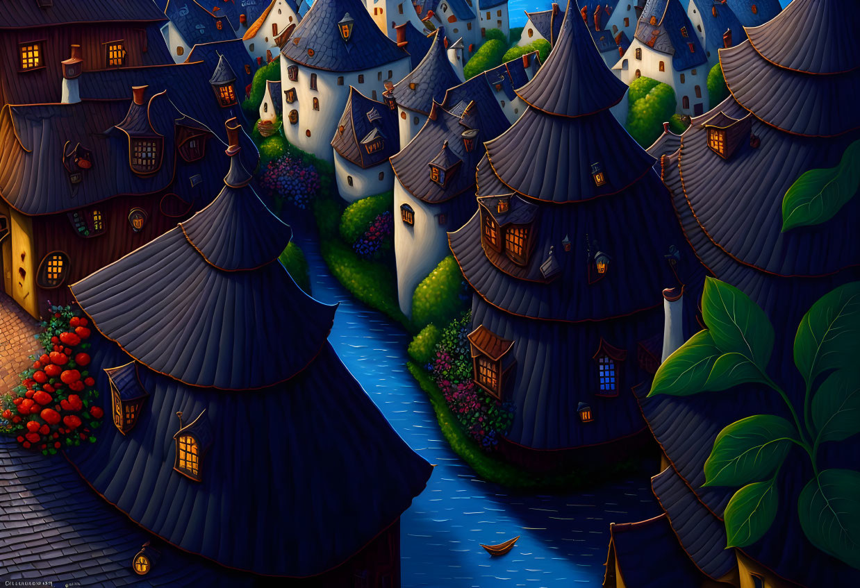 Charming Dusk Village with Cobblestone Paths & Conical Roofs