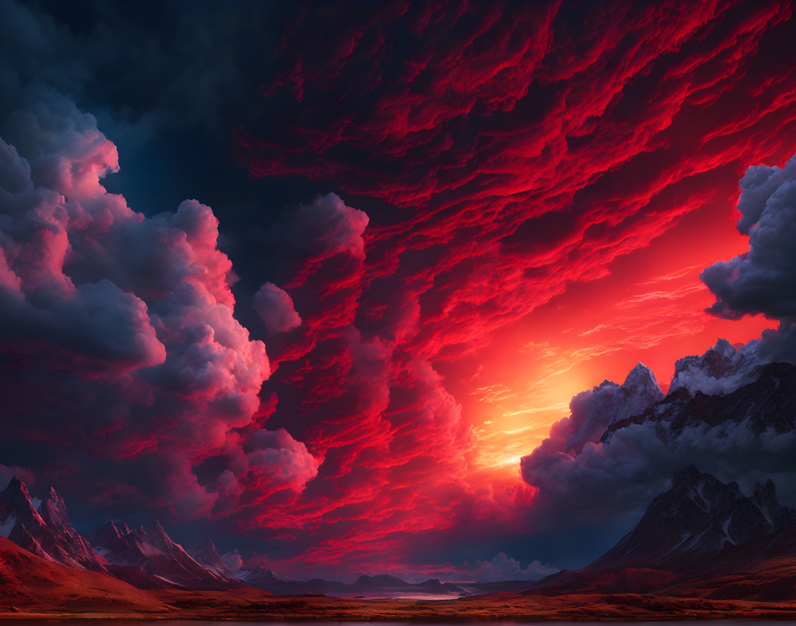 Fiery red sky over mountain landscape with serene lake