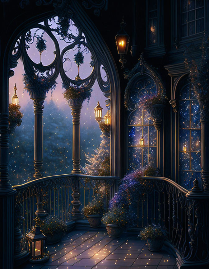 Glowing lanterns on a gothic balcony under a starry sky