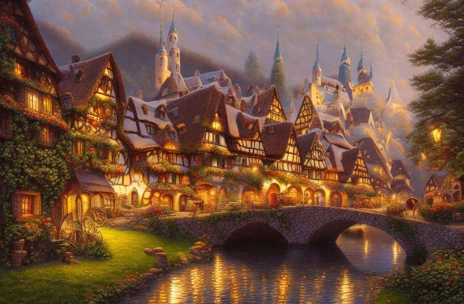 Twilight scene of storybook village with quaint houses, stone bridge, and castle