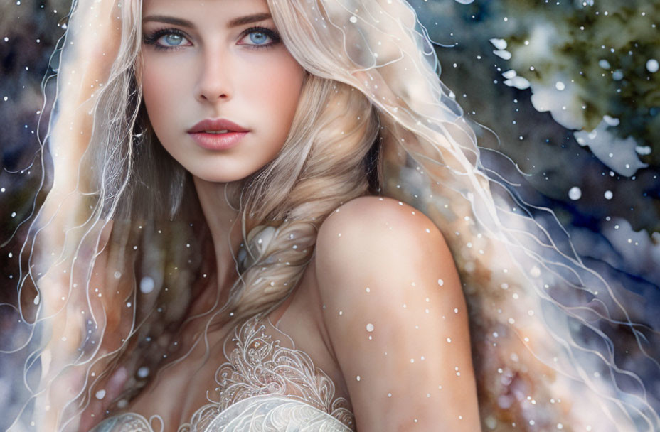 Close-up Portrait of Woman with Blue Eyes and Blonde Hair in Snowy Setting