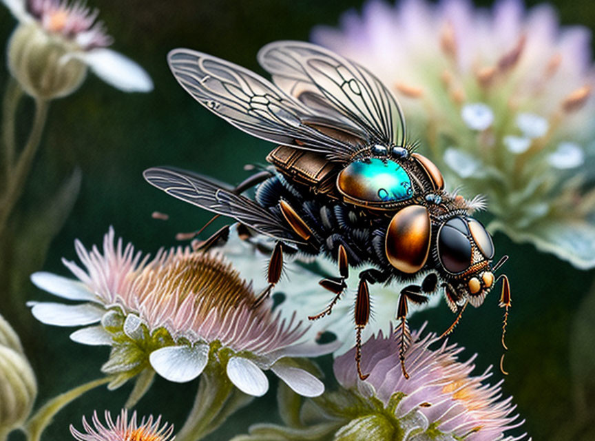 Detailed Metallic Fly with Iridescent Eyes on Pastel Flowers