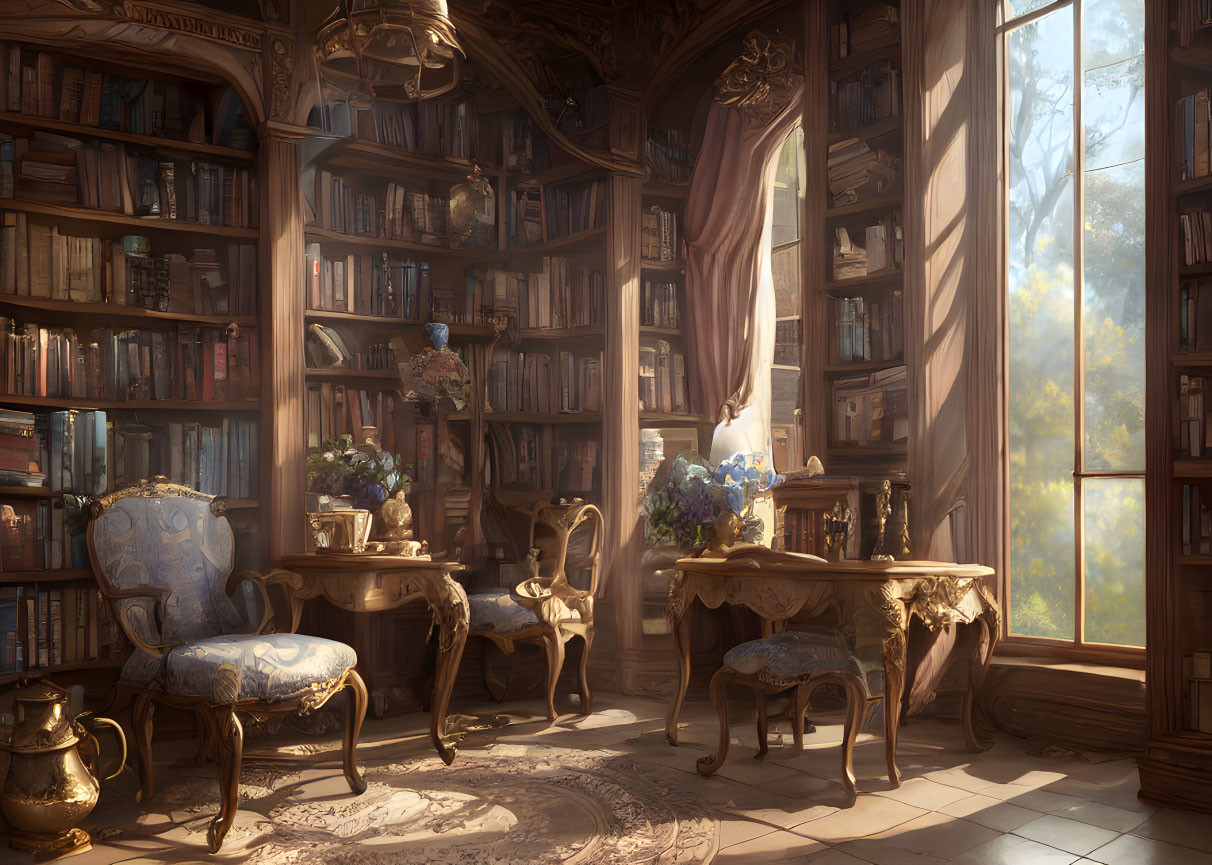 Sunlit library with large window, packed bookshelves & classic furniture