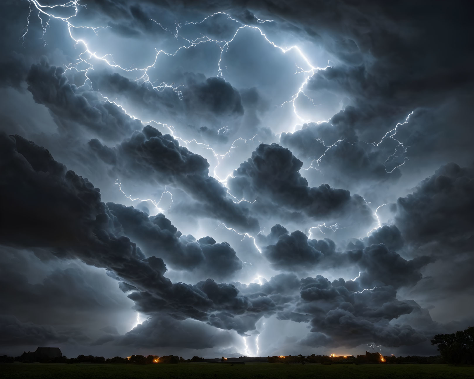 Intense lightning storm over rural landscape