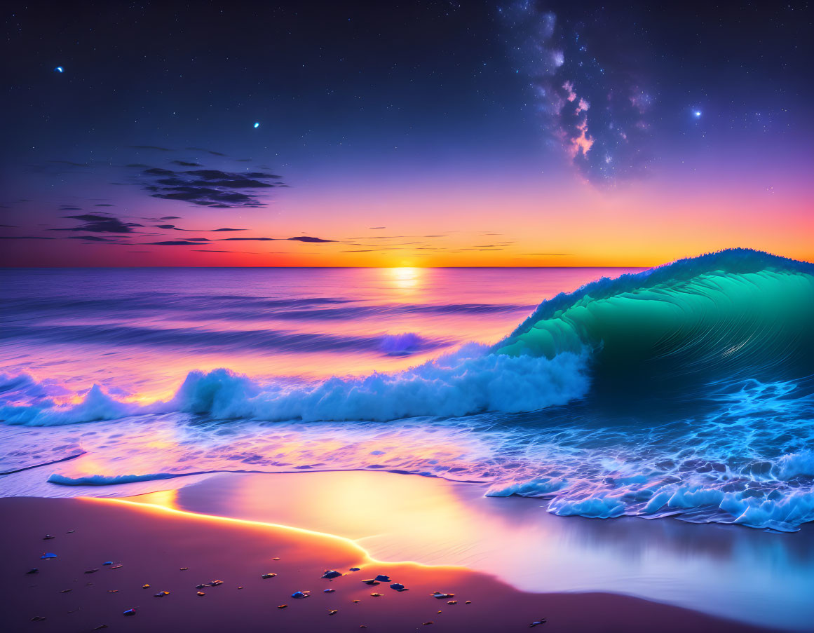 Colorful Beach Sunset with Stars and Glowing Wave