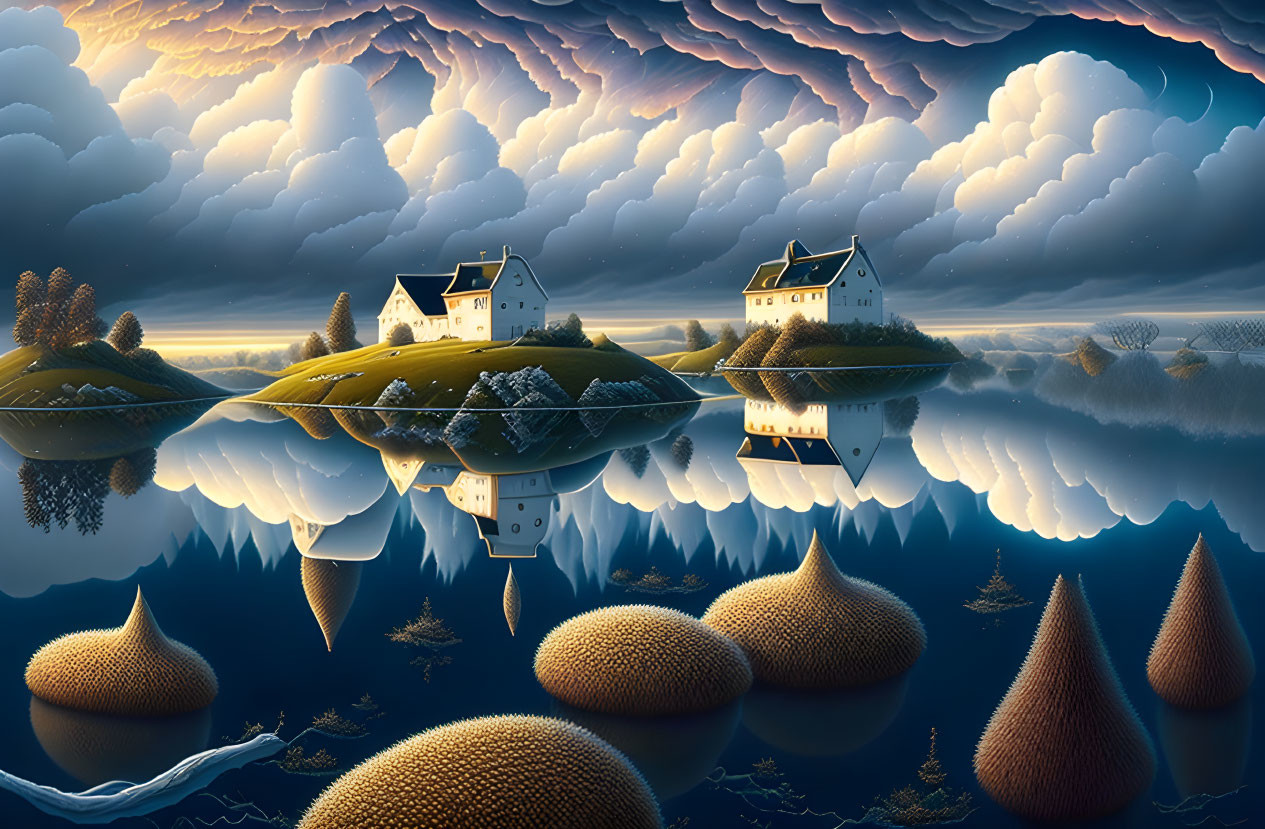 Tranquil landscape with floating islands, houses, trees, and cloudy sky