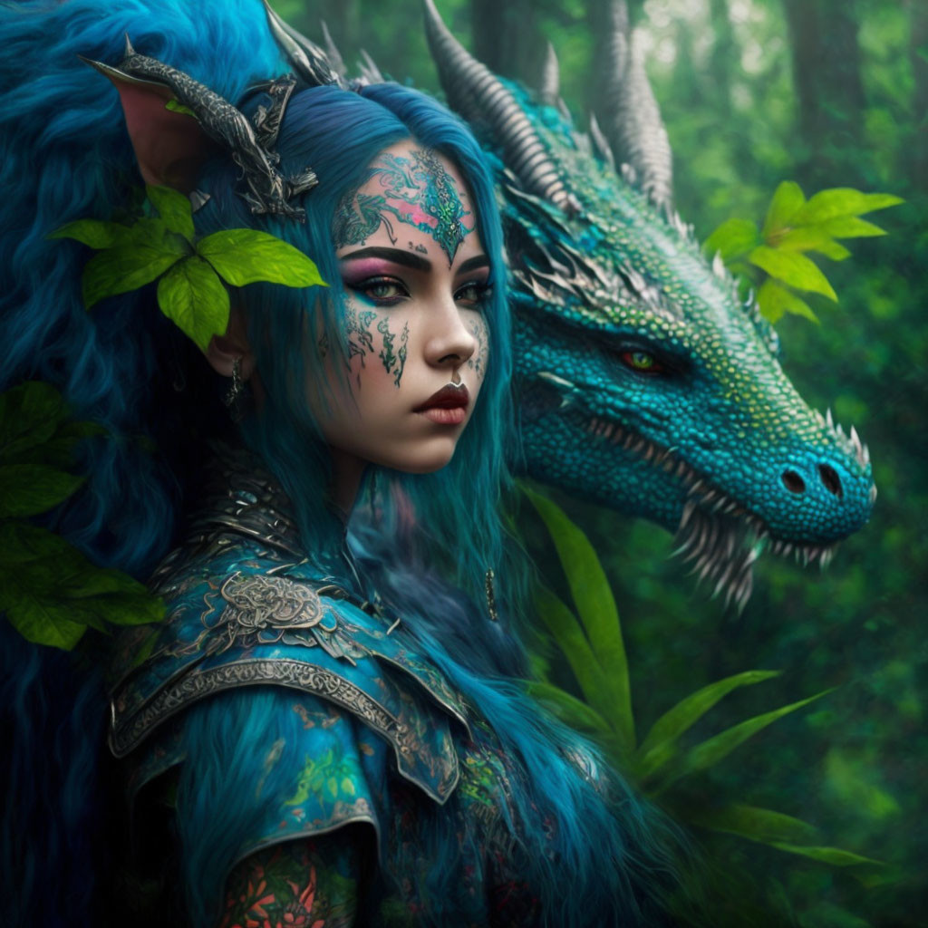 Woman with Blue Hair and Facial Tattoos Beside Blue Dragon in Lush Green Setting