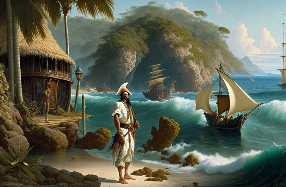 Pirate on Tropical Beach with Ships and Hut