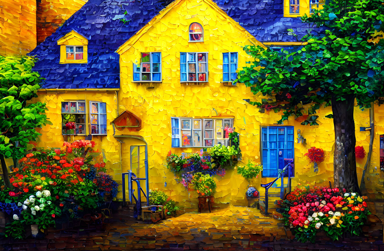 Colorful artwork featuring a yellow house, blue windows, lush flowers, and stone path