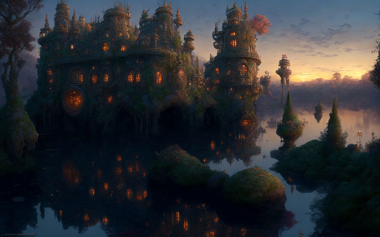 Mystical twilight scene with towering structures and lush forested islets