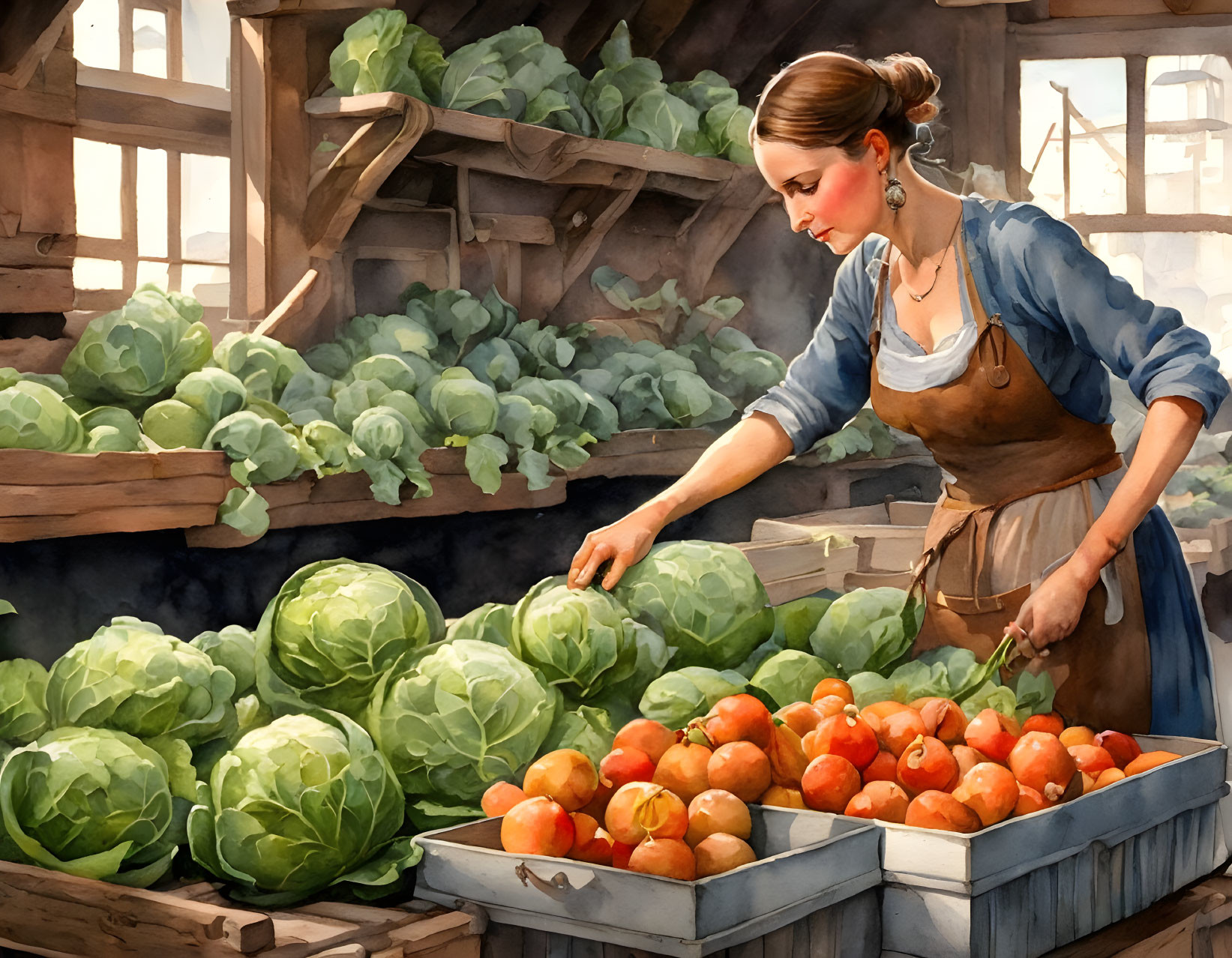 Woman in Brown Apron Selecting Produce at Wooden Stall