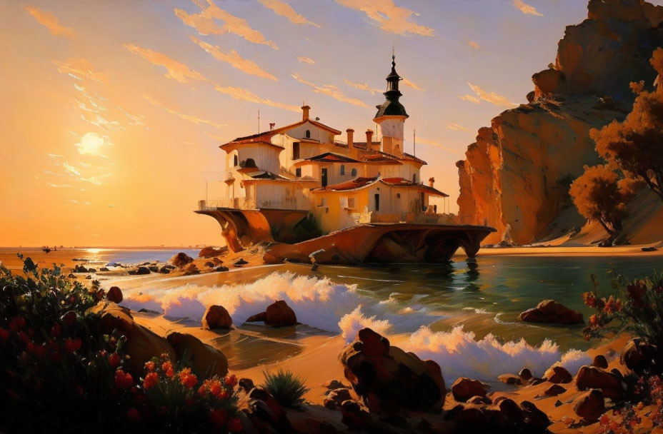 Tranquil seascape with white villa on rocky arch, crashing waves, sunset, and lush flora