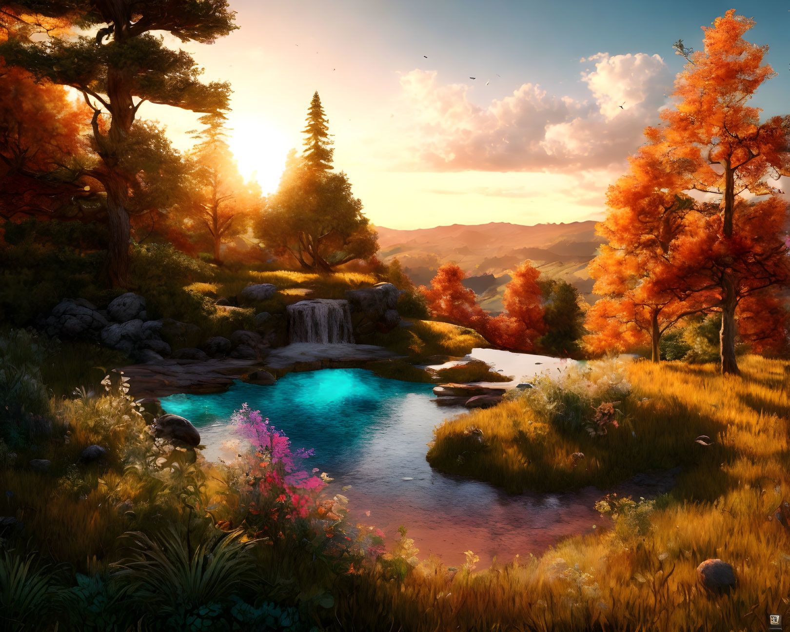 Tranquil sunset landscape with waterfall, autumn trees, pond, and wildflowers