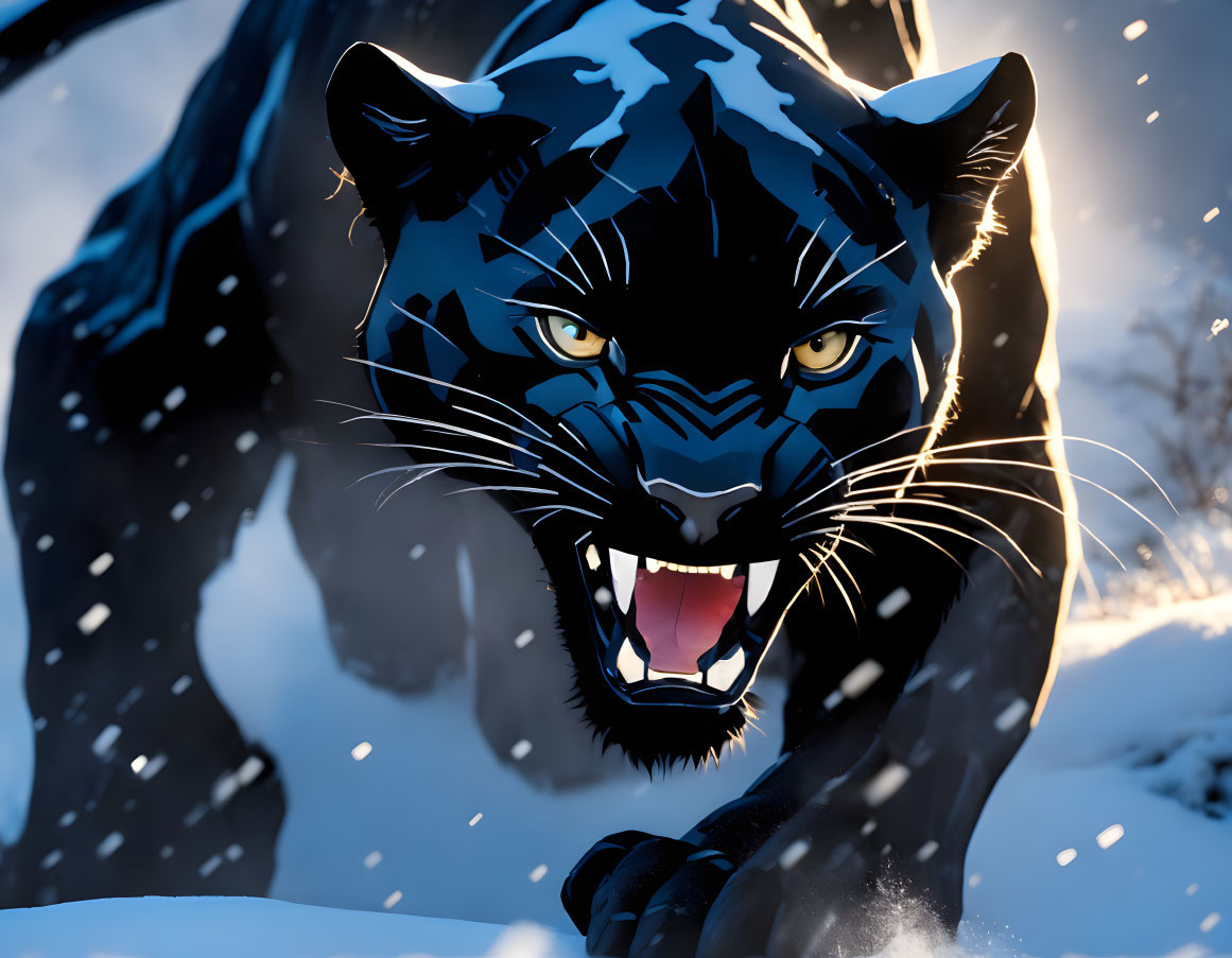 Digital art: Snarling black panther with blue pattern on fur in snowy backdrop