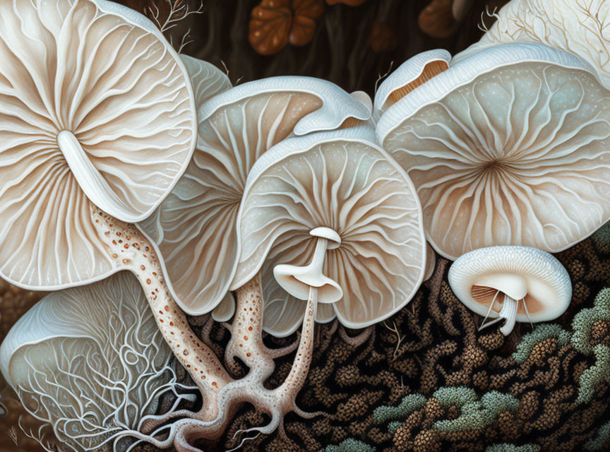 Various Types of Mushrooms with Intricate Gills and Textured Stems