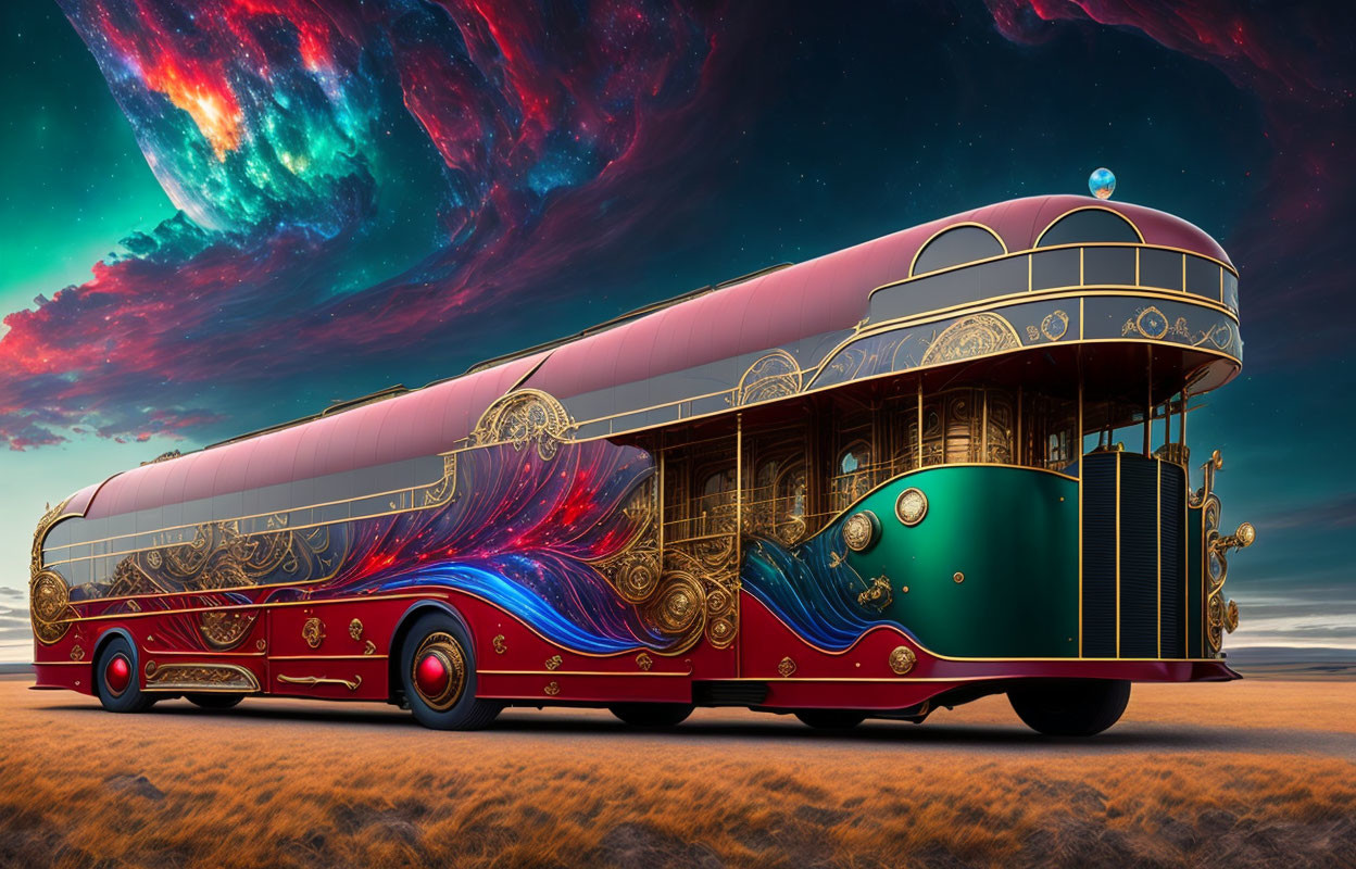 Luxurious Vintage-Styled Bus with Gold and Blue Designs under Alien Sky