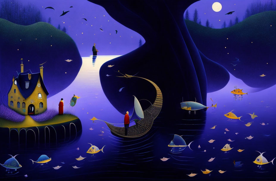 Moonlit night scene with crescent moon boat, colorful fish, and solitary house on islet.