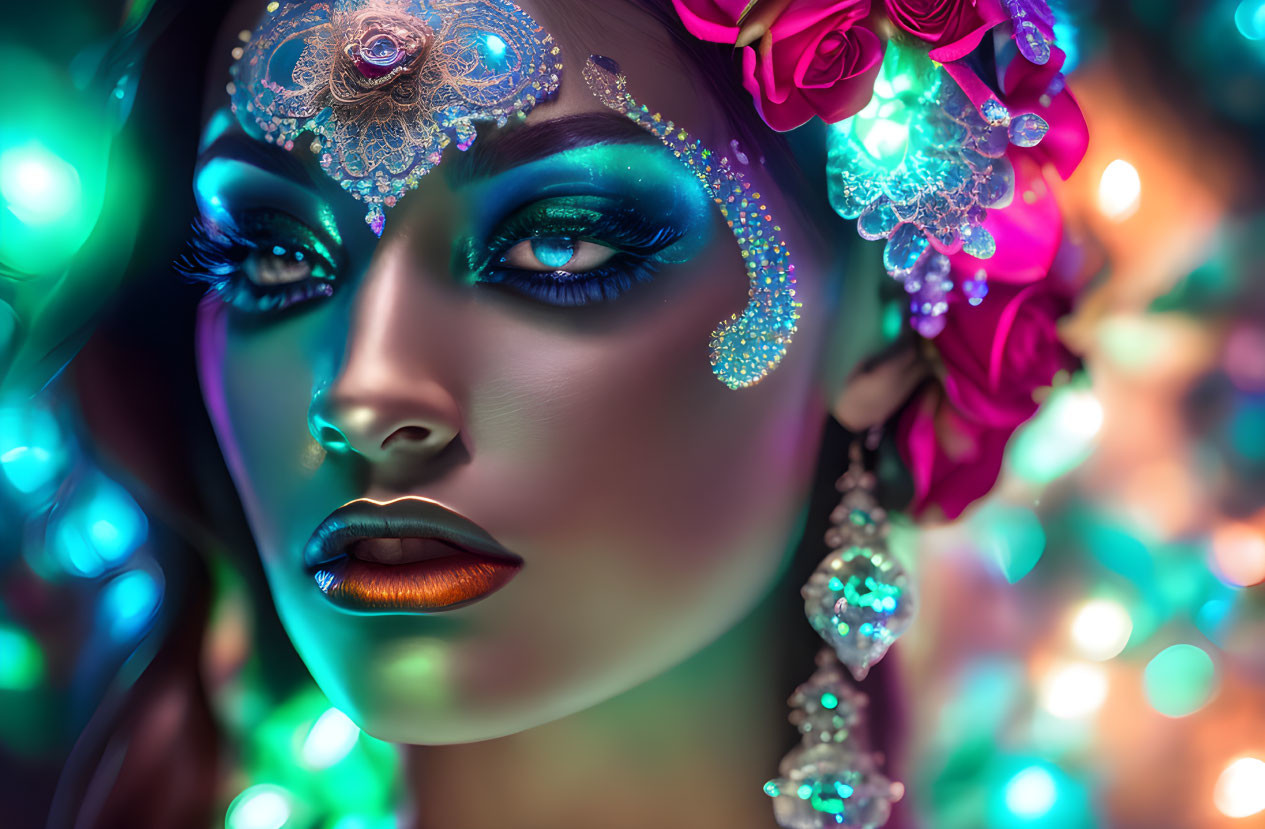 Colorful Makeup and Floral Headpiece with Jewels in Soft Bokeh Lights