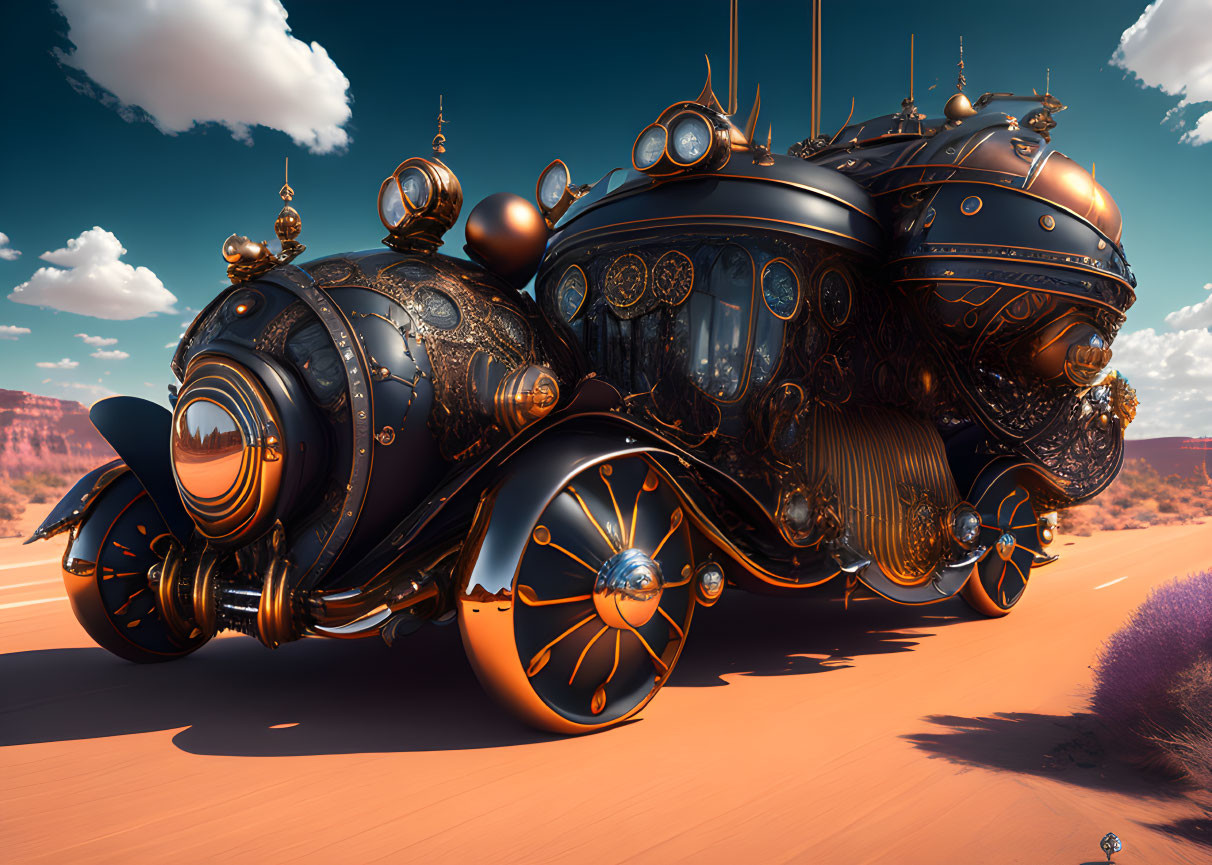 Elaborate Steampunk-Style Vehicle in Desert Landscape