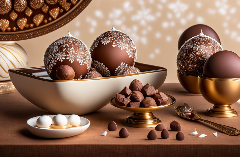 Luxurious Easter-themed chocolate eggs and confections on ornate display