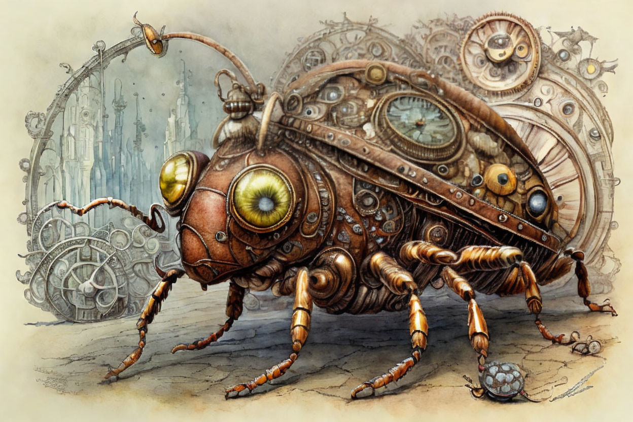 Mechanical Steampunk Insect with Brass Body and Gears