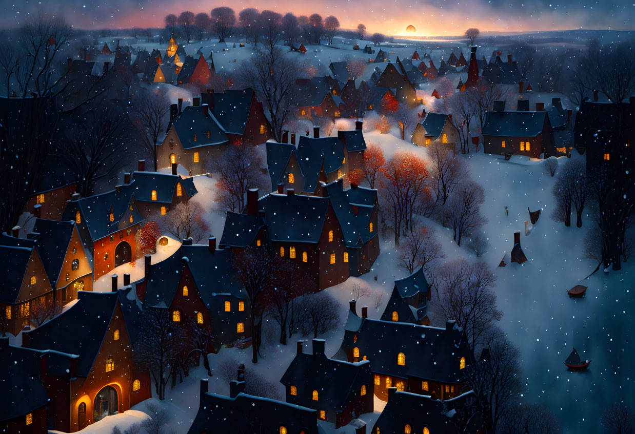 Snowy twilight scene with traditional houses and snow-covered trees at sunset