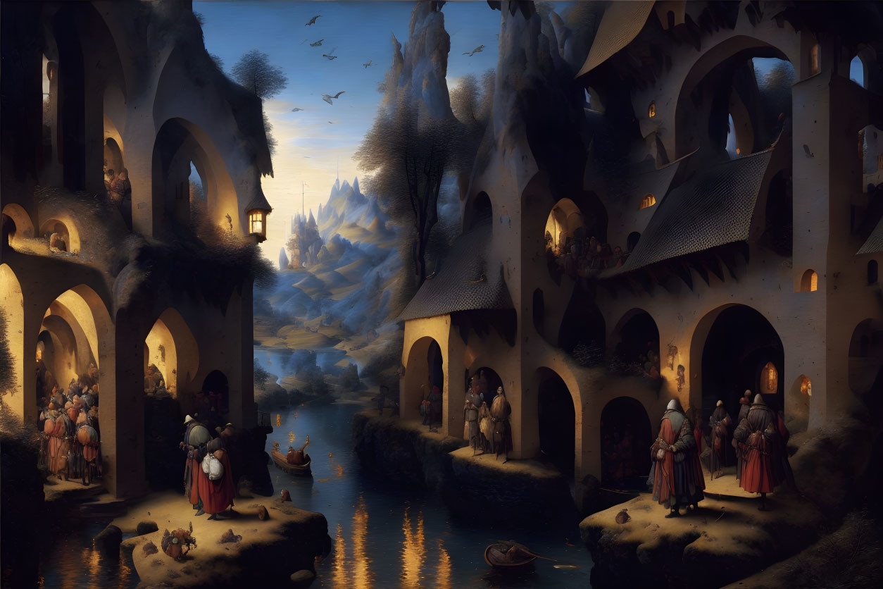 Medieval village with stone structures, townsfolk in period attire, river, mountains, twilight sky