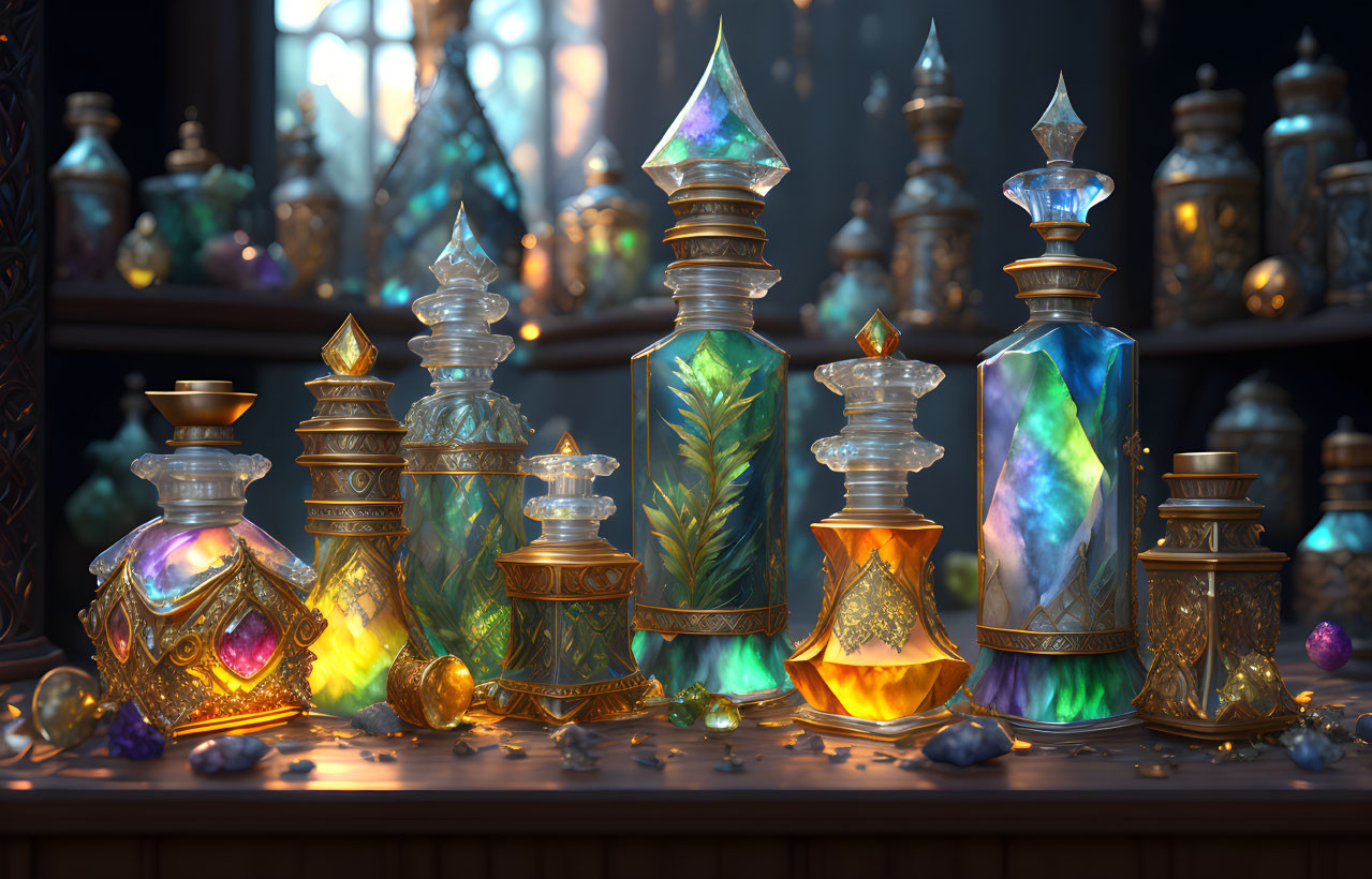 Ornate magical potion bottles with glowing contents on dimly lit shelves