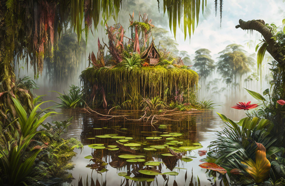 Misty jungle scene with floating island and derelict hut