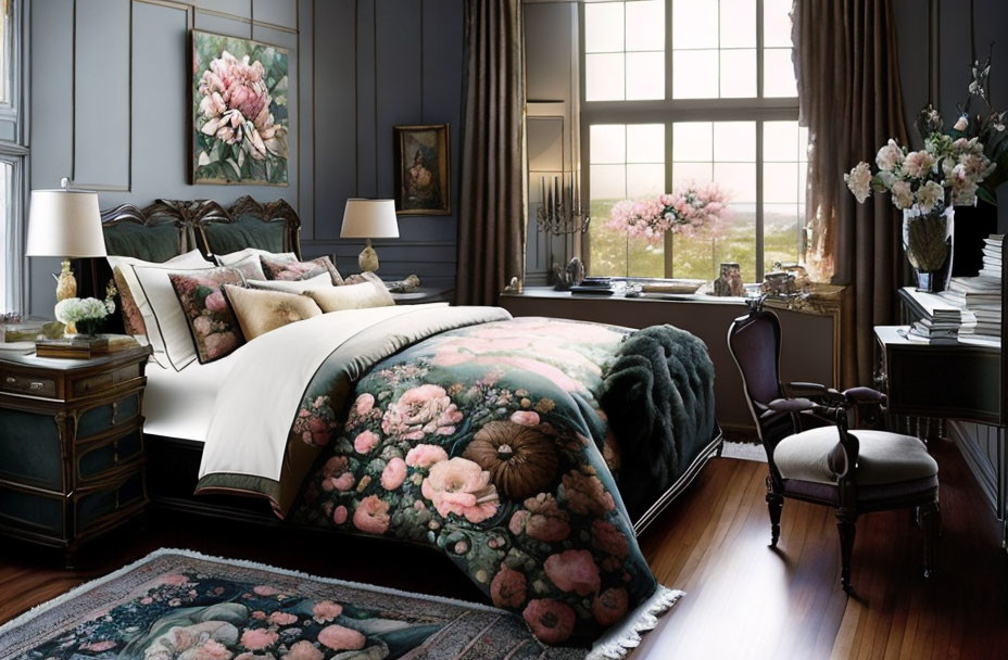 Floral bedding, large windows, dark walls, vintage furniture, abundant flowers