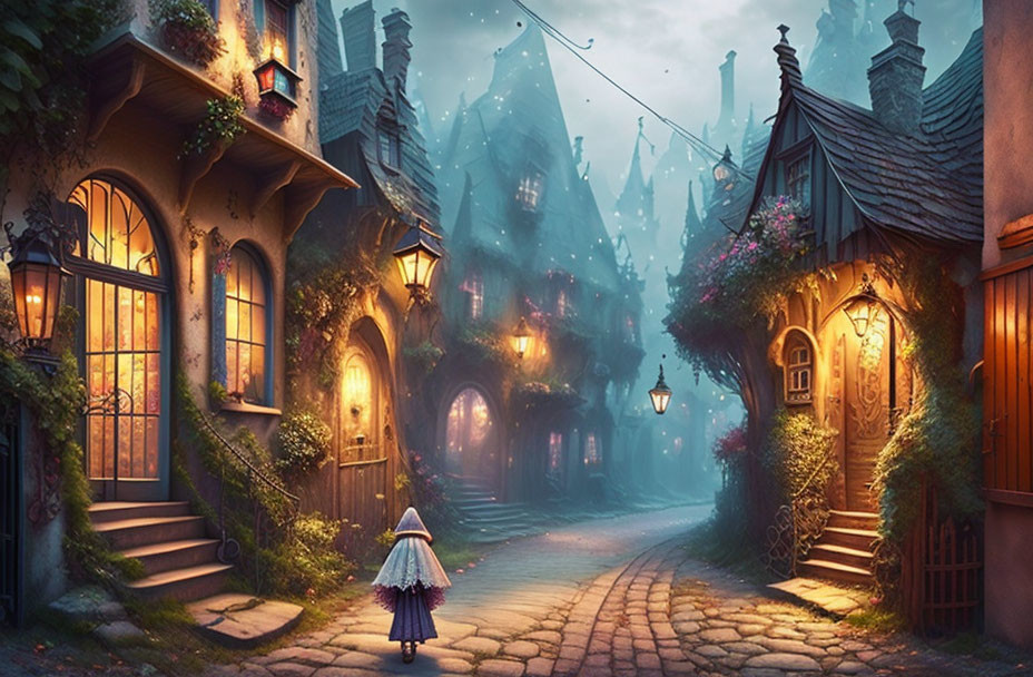 Mysterious figure strolls cobblestone street in magical village