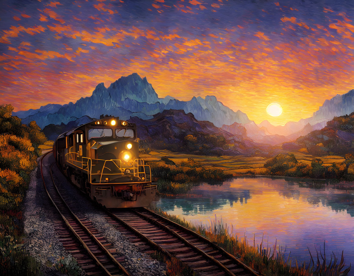 Train by river with mountains and vibrant sunset.