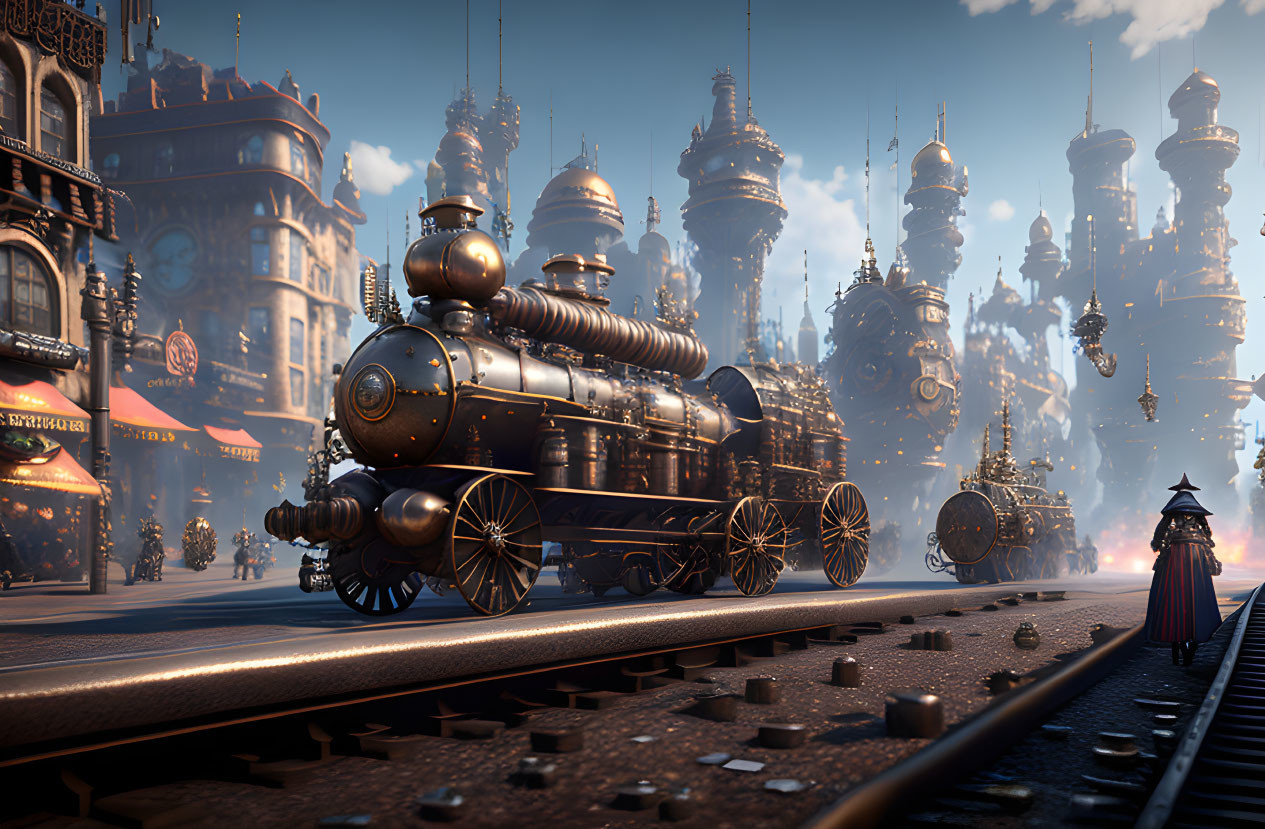 Steampunk-style train on tracks with elaborate buildings and towers in the background