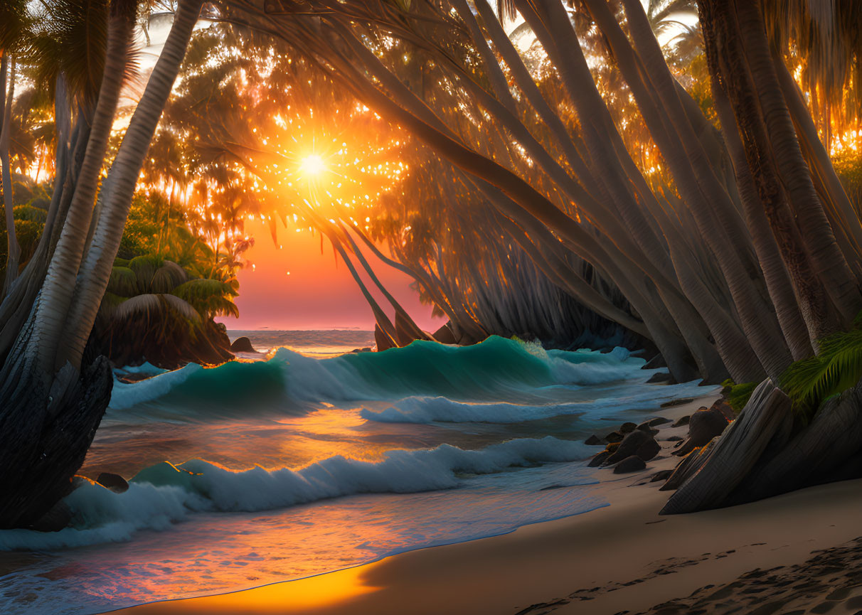 Scenic tropical beach sunset with slanted palm trees and turquoise waves.