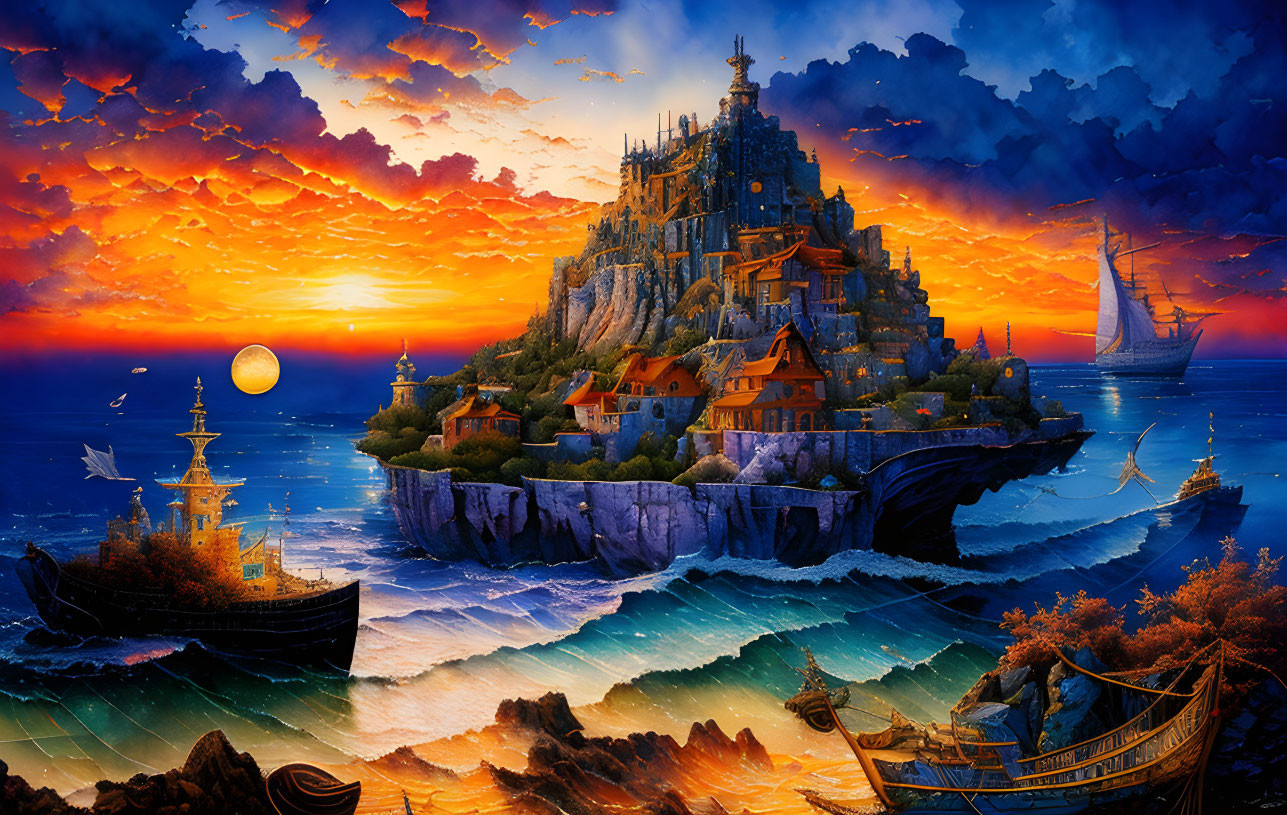 Fantasy seaside landscape with castle, colorful houses, boats, and dramatic sunset sky