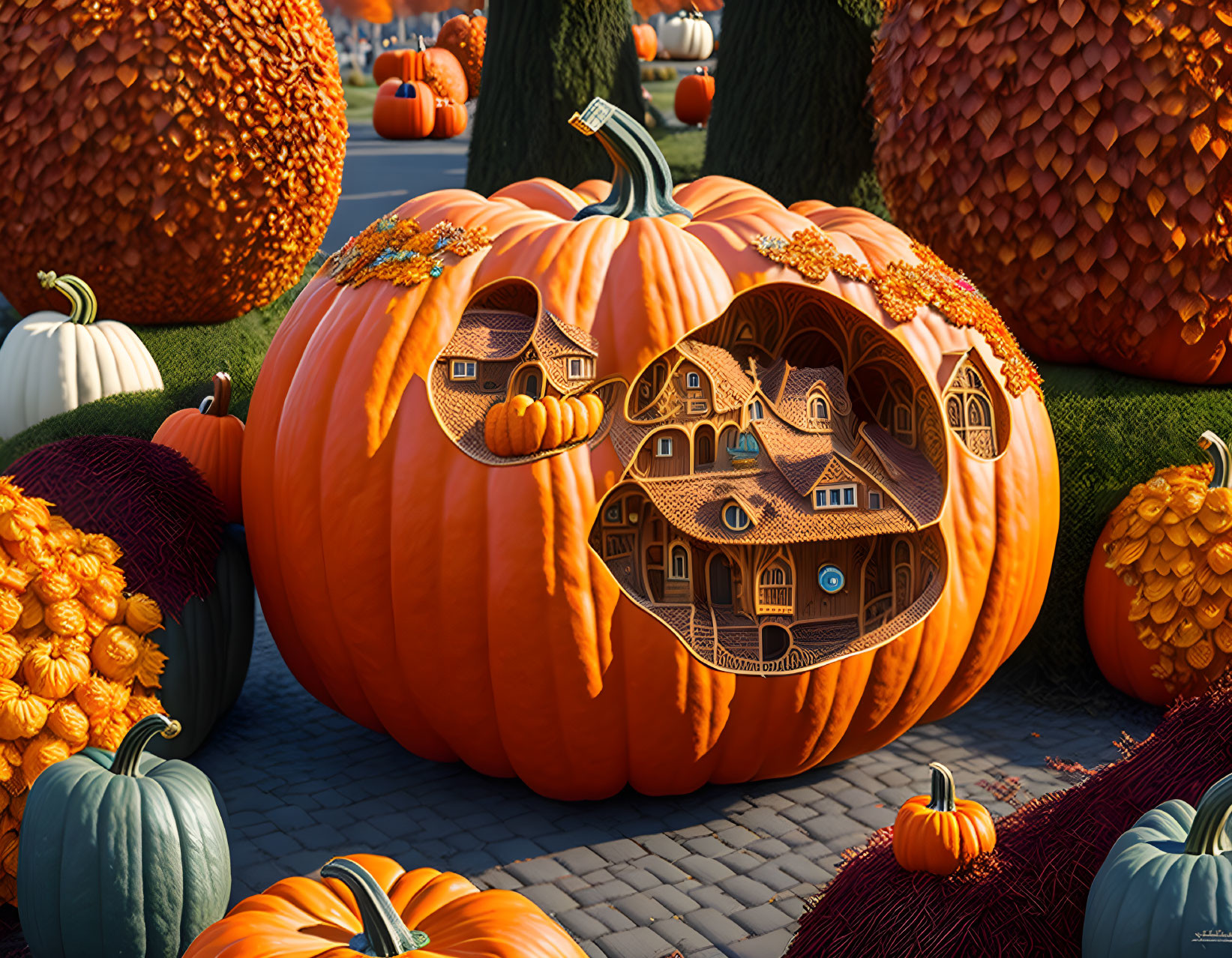 Intricately Carved Pumpkin Depicting Multi-Level House Scene