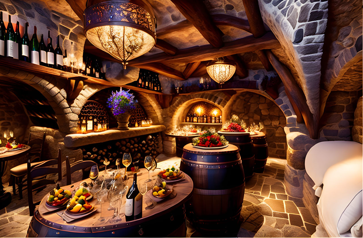 Intimate Wine Cellar with Barrel Tables, Stone Walls, and Ambient Lighting