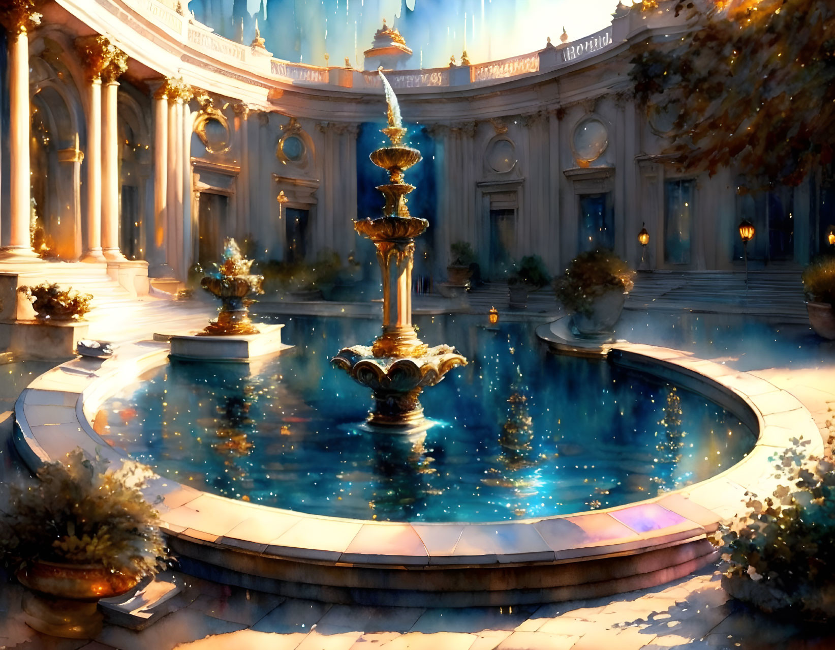 Classical courtyard fountain with blue water and autumnal trees