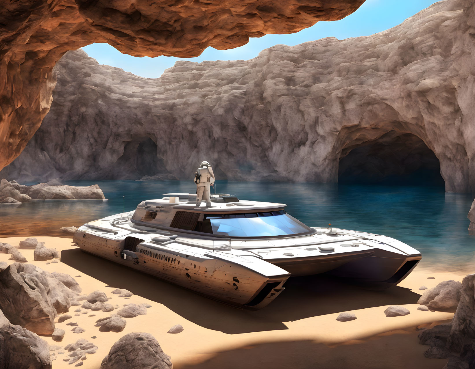 Luxurious yacht in secluded desert cove with person on deck.