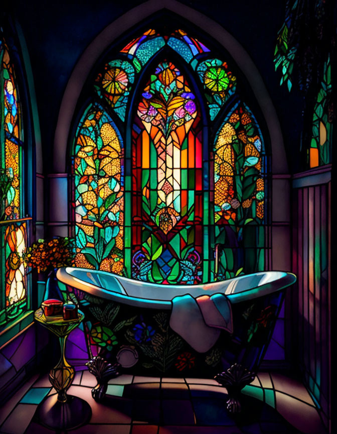 Colorful stained glass window above claw-foot bathtub with towel, against floral backdrop